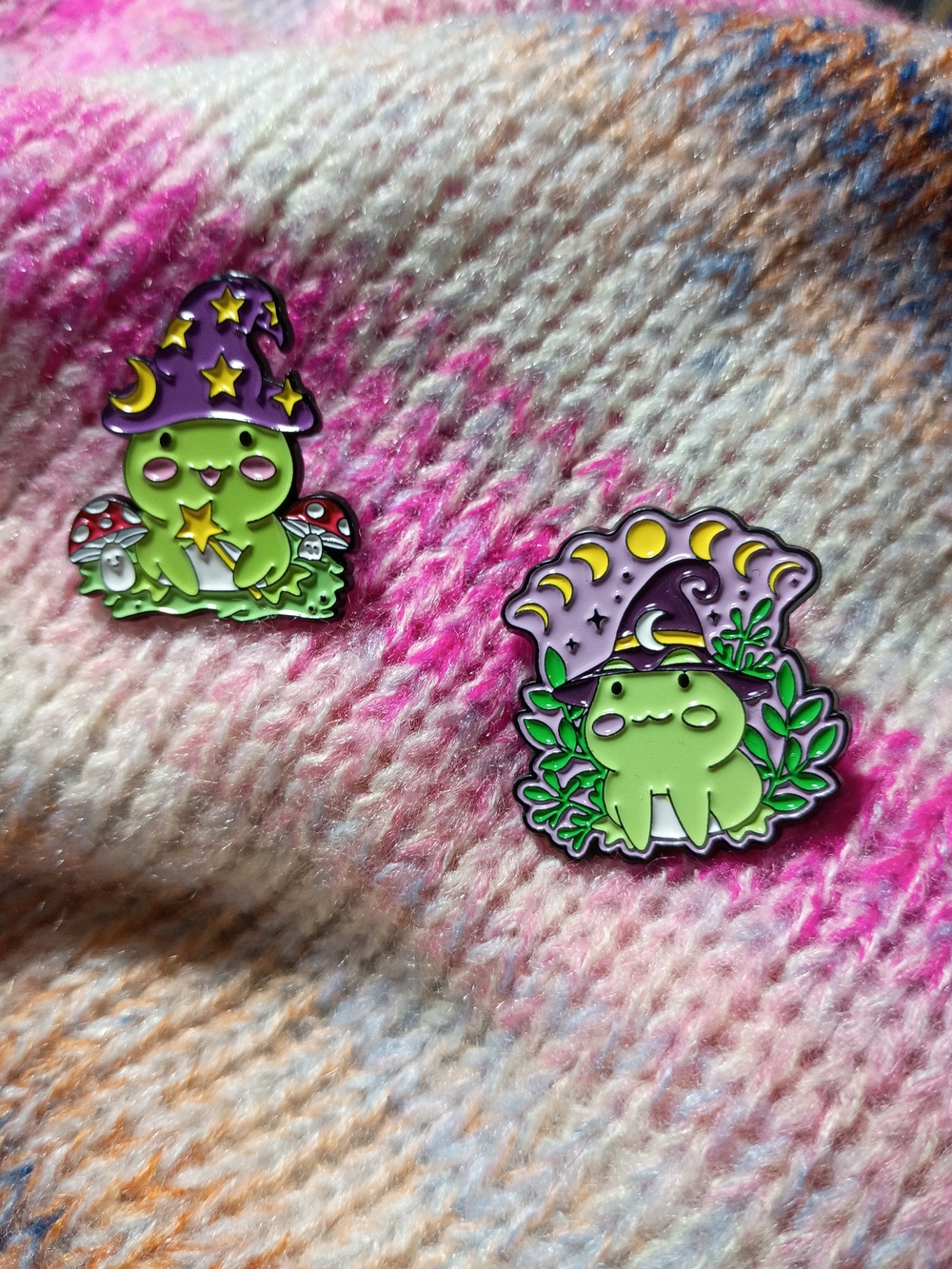 Cute Frog Witch Hat Magic Wizard Metal Lapel Pin Set Two Mushroom Moon Phase
